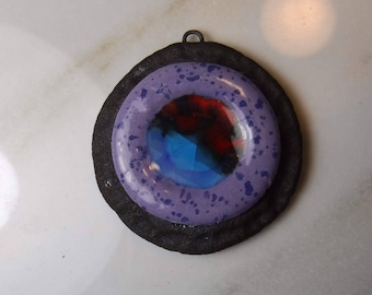 Raku Cabochon / pendant Porcelain Ceramic bead with blue + red fused glass - Jewelry Supplies Handmade Cabochon  #710