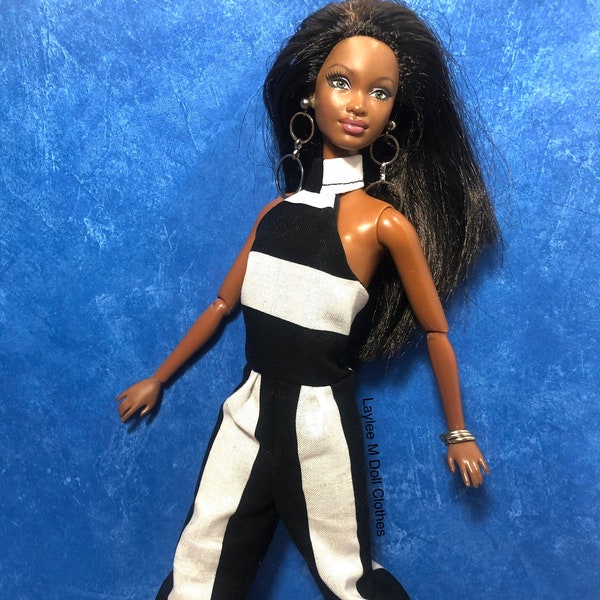 Doll Clothes - Black and White Stripe Jumpsuit by Laylee M Doll Clothes -FREE Shipping in USA