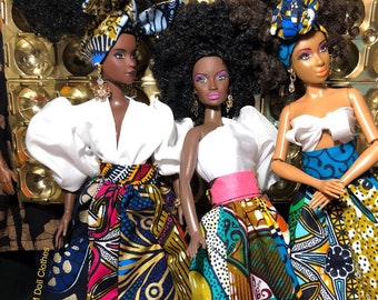 African Print Doll Skirt & Head Tie - Handmade in USA