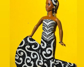 Doll Clothes-  African Black & White with Silver Dress Set   Laylee M Doll Clothes - Free shipping USA