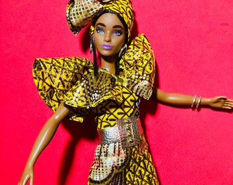 African Doll -  Dressed in African Print Gold & Yellow Outfit  Laylee M Doll Clothes - Free shipping USA