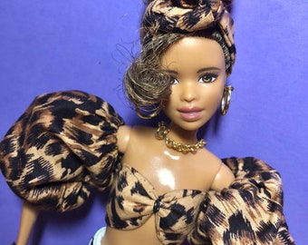 Doll Clothes-Leopard Print Big Sleeve Top & Head tie by Laylee M Doll Clothes - Free shipping USA