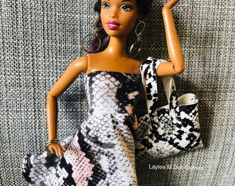 Doll Clothes-Snake Skin Print Dress with Bag by  Laylee M Doll Clothes- Free Shipping in USA