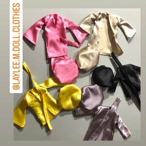 Doll Clothes -  Bonnets & Matching Robes  by Laylee M Doll Clothes- Free shipping in USA
2 Piece  Sets each $16.99
Colors:  Black, Red,  Pink , Beige,  Yellow, #24, light blue
Unique Fun Doll Fashions Clothes
Made in USA
***Dolls are NOT Included