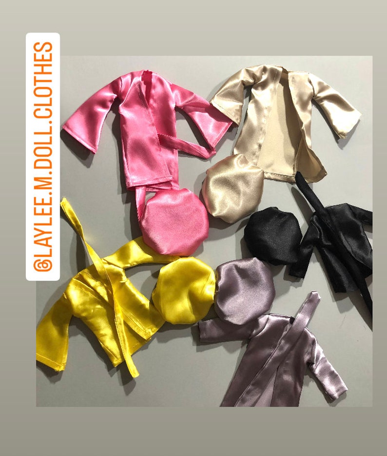 Doll Clothes -  Bonnets & Matching Robes  by Laylee M Doll Clothes- Free shipping in USA
2 Piece  Sets each $16.99
Colors:  Black, Red,  Pink , Beige,  Yellow, #24, light blue
Unique Fun Doll Fashions Clothes
Made in USA
***Dolls are NOT Included