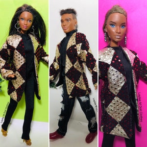 Doll Clothes  - Unisex Geometric Style Red & Gold Jacket by Laylee M Doll Clothes- Free Shipping in USA