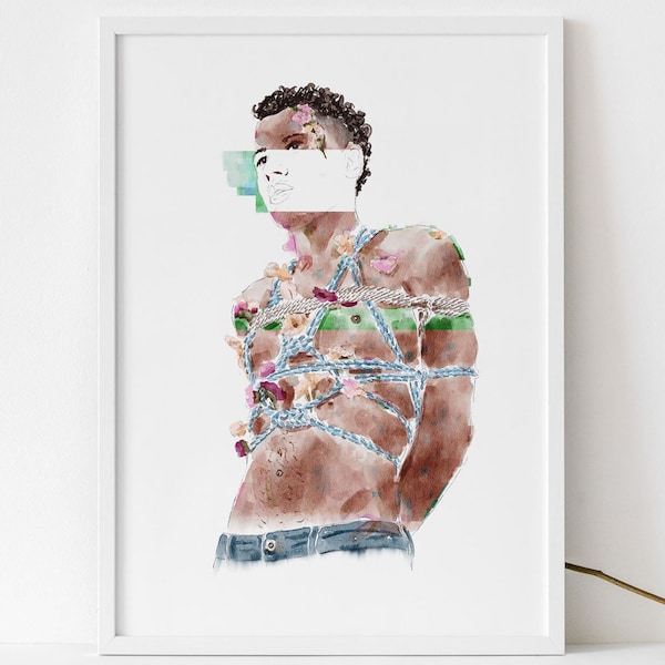 Rigged - Gay Erotic Watercolour Art Print, Bondage Wall Art, Nude Artwork, Queer Drawing Fetish Kink Shibari Rope