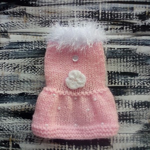 Handknit Rose Pink Dog Dress: Acrylic Yarn Pet Apparel