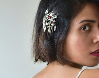 Banjara Bohemian Gujarati Tribal vintage tassel festival fashion silver finish oxidized multicoloured gypsy Indian hair clip pin headgear