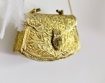 Tribal Banjara boho gold metal embossed brass Rajasthani bohemian Indian gypsy rustic box clutch evening party festival fashion handbag
