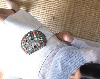 Tribal banjara boho Indian metal embossed bead stone brass clutch bag