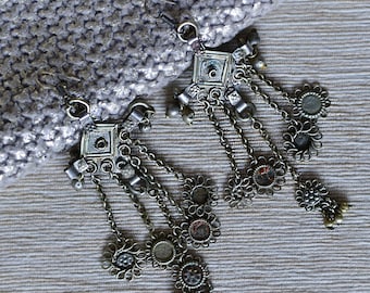 Banjara Bohemian Festival Fashion Rajasthan Tribal vintage tassel silver finish oxidized multicoloured gypsy Indian earrings