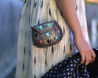 Tribal banjara boho Indian metal embossed bead stone brass clutch bag