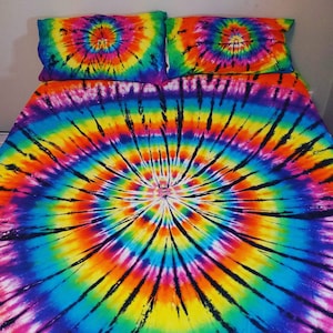 Rainbow Bedding - Tie Dye Bedding - Rainbow/Black Spider Tie Dye - Hippie Bedding - Boho Sheets - Fitted Sheet, Flat Sheet, and Pillow Cases