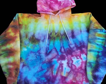 Large Rainbow Ice Dye Hoodie: 100% Cotton Pullover