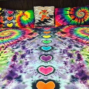 Tie Dye Sheet Set - Rainbow Heart Tie  Dye Sheet Set - Spiral - Hearts - Made To Order Sheet Set