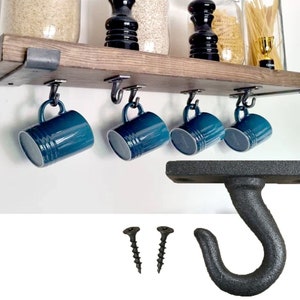 Hooks Hand Forged (X9) Table or for Hanging on Ceiling - Under Cabinet, Shelf  - Mug Holder & Cup Storage Accessorie, Coffee Bar, Restaurant