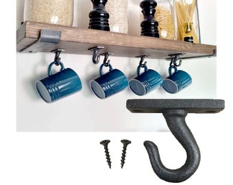 Hooks Hand Forged (X6) Iron hooks suitable for Under shelves, Cups Mugs Utensils Clothes Multi purpose raw BLACK