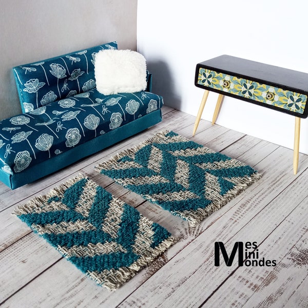 Tapis miniature pour maison de poupée bleu turquoise motifs géométriques