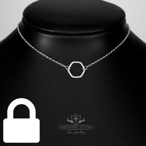 Sterling Silver Permanently Locking Small Hexagon Ring Day Collar: Discreet 24/7 Necklace