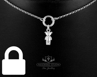 Permanently Locking Sterling Silver Teddy Bear O Ring Collar, cute silver necklace day collar