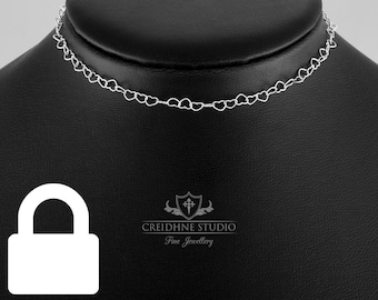 Permanently Locking Heart link chain day collar, very delicate and discreet sterling silver choker made of hearts.