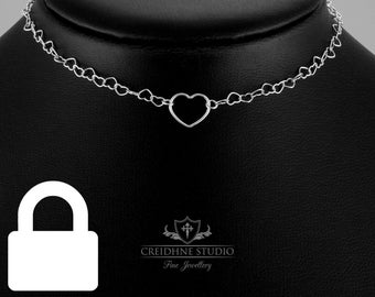 Permanently Locking Sterling Silver Heart Ring Heart Link Chain Day Collar, very delicate and discreet choker made of hearts. 24 7 Collar