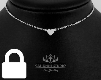 Permanently Locking Tiny Heart Day Collar, Sterling Silver, very delicate and discreet day choker Silver Necklace.