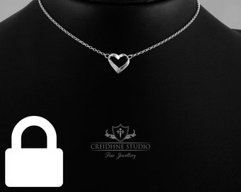 Permanently Locking Sterling Silver Ribbon Heart Ring Day Collar very delicate and discreet choker. Heart Shaped O Ring collar simple choker
