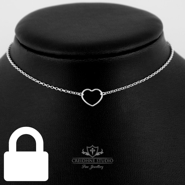 Sterling Silver Permanently Locking Heart Ring Day Collar: Discreet 24/7 Choker