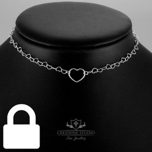 Halsband i sterlingsilver med permanent låsbar hjärtkedja och hjärtformad O-ring
