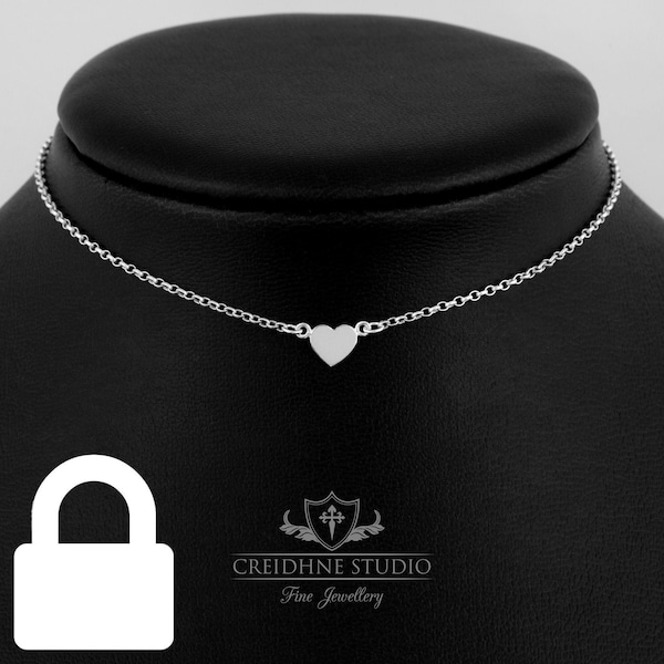 Permanently Locking Tiny Heart Day Collar, Sterling Silver, very delicate and discreet day choker Silver Necklace.