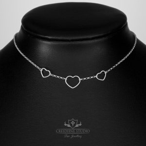 Three Heart Rings Day Collar, Sterling Silver, very delicate, discreet day collar. O Ring Collar