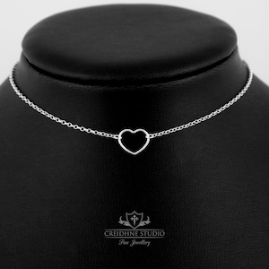 Sterling Silver Heart Ring Day Collar, very delicate and discreet choker Heart Shaped O Ring collar simple choker