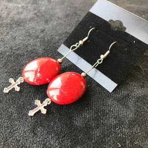 Red Oval Cross Earrings