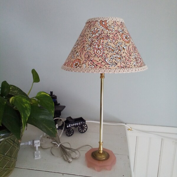 Pink vintage glass base stick lamp and shade