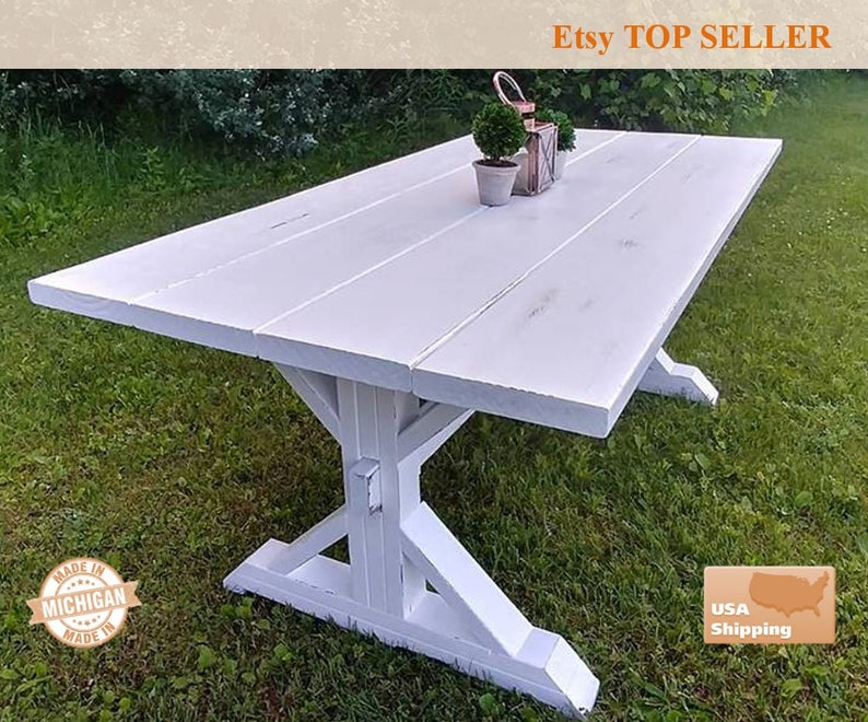 White Distressed Farm House Table Trestle Whitewash Dining Dine