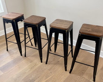 Set of 4 - Metal Dining Stool, Steel Stool Wood Seat, Cafe Stool, Steel Dining Stool, Bar Stool