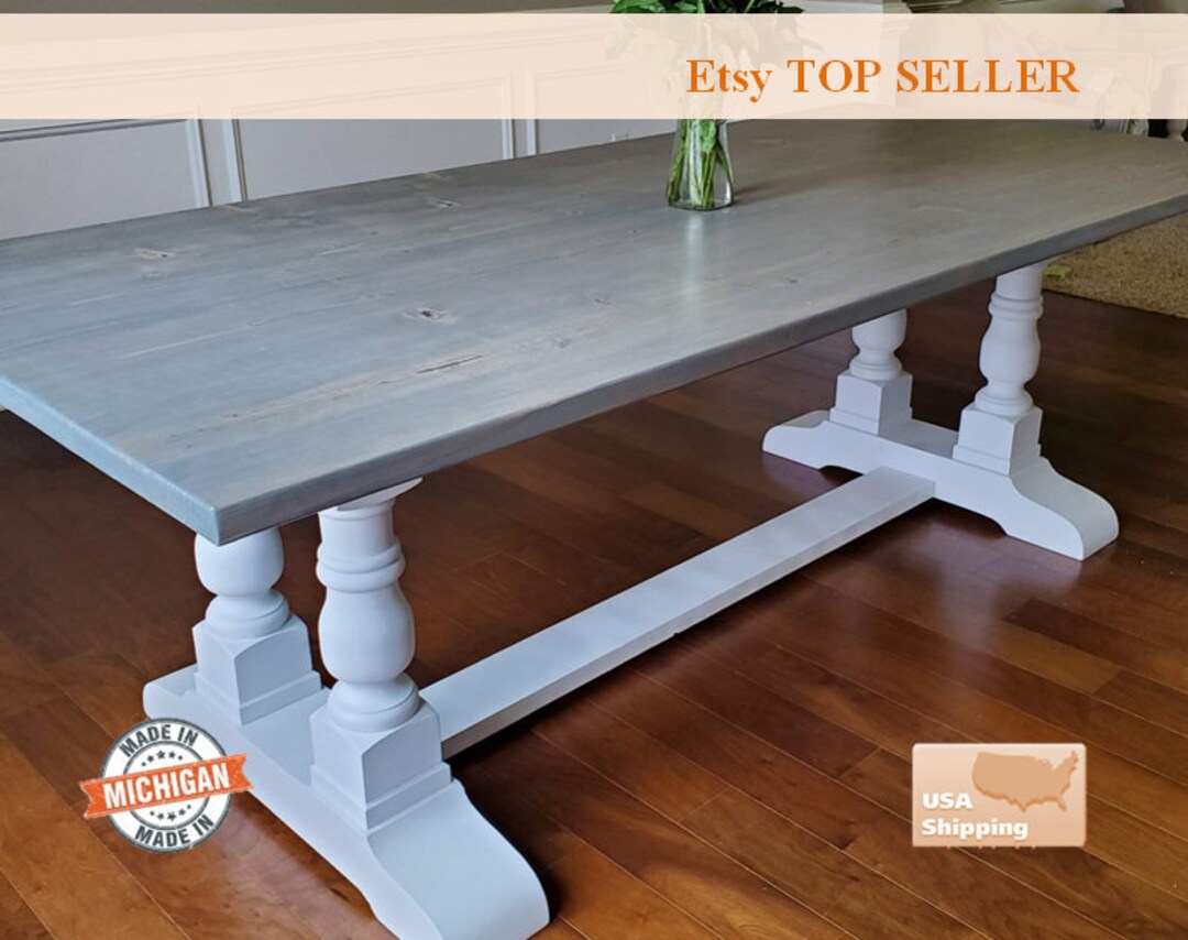 Double Pedestal Farm House Table, Turned Legs, Pedestal Table, Farm