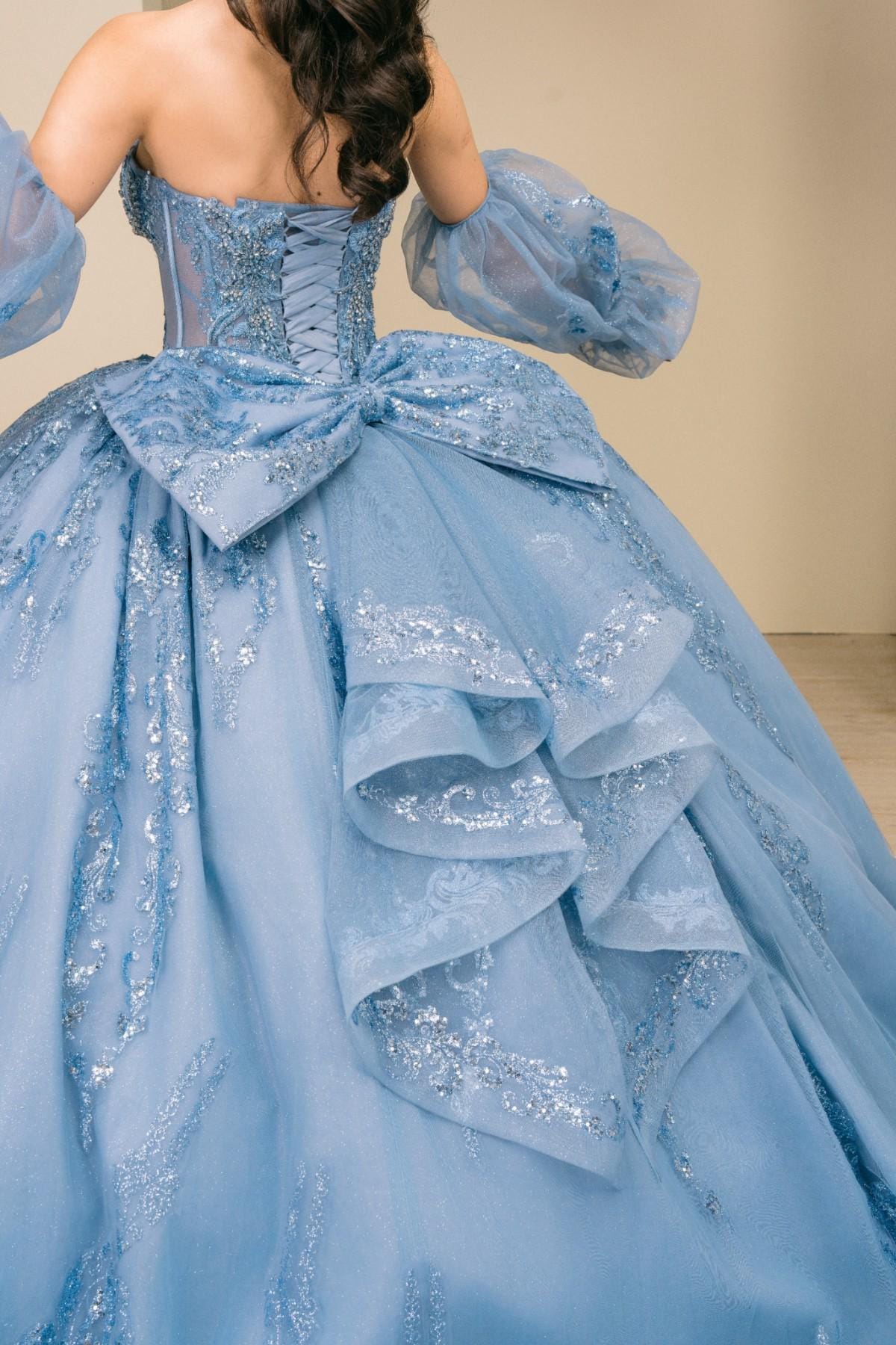 dusty blue quince dress Long Corset Glitter Quinceanera Beaded GLS GL3802 dazzling sequins Dusty Blue Quinceanera Dresses Long