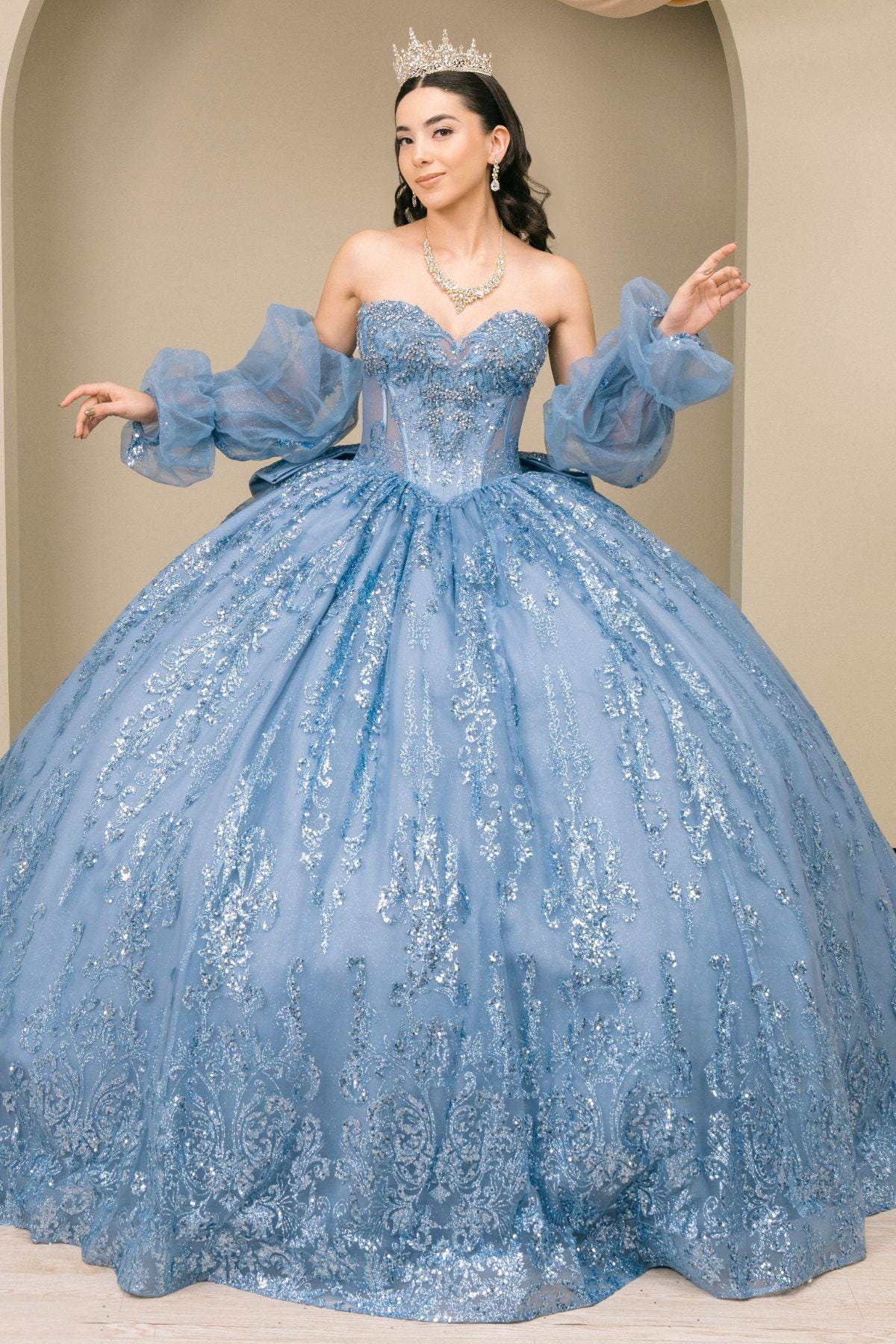 dusty blue quince dress Dusty Blue Quinceanera Dress 3D Floral Applique Off Shoulder Sweet 16 With Bow