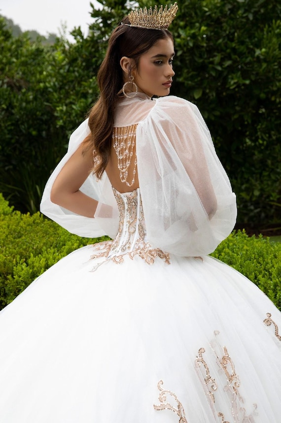 White and Gold Quinceanera Dress With Puff Sleeves - Etsy Israel