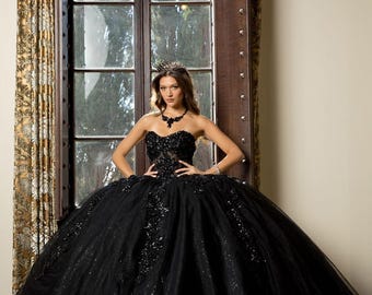 black quinceanera dresses Glitter Tulle Sweetheart Black Long Quinceanera Dresses, Black / 0 main image 1