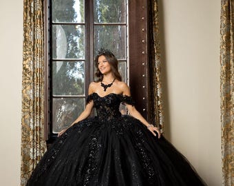 black dress for quince guest Black Quinceaera Dress with Butterfly Floral Lace Appliqu 2XL / Black