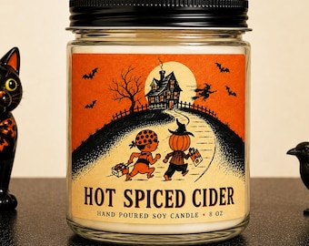 Hot Spiced Cider Halloween Candle with Vintage Trick or Treat Art Decor
