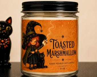 Toasted Marshmallow Halloween Candle with Vintage Witch and Black Cat Decor