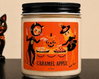 Caramel Apple Halloween Candle with Retro Witch and Black Cat Art