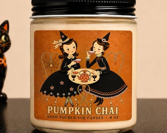 Pumpkin Chai Halloween Candle with Vintage Witch Tea Party Decor
