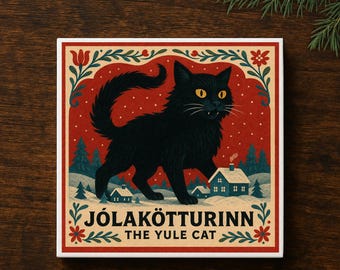 Yule Cat Ceramic Coaster: Icelandic Folklore Christmas Decor