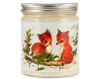 Woodland Christmas Candle, Fox 8 ounce Soy Candle, Vintage Retro Scented Holiday Candle Gift